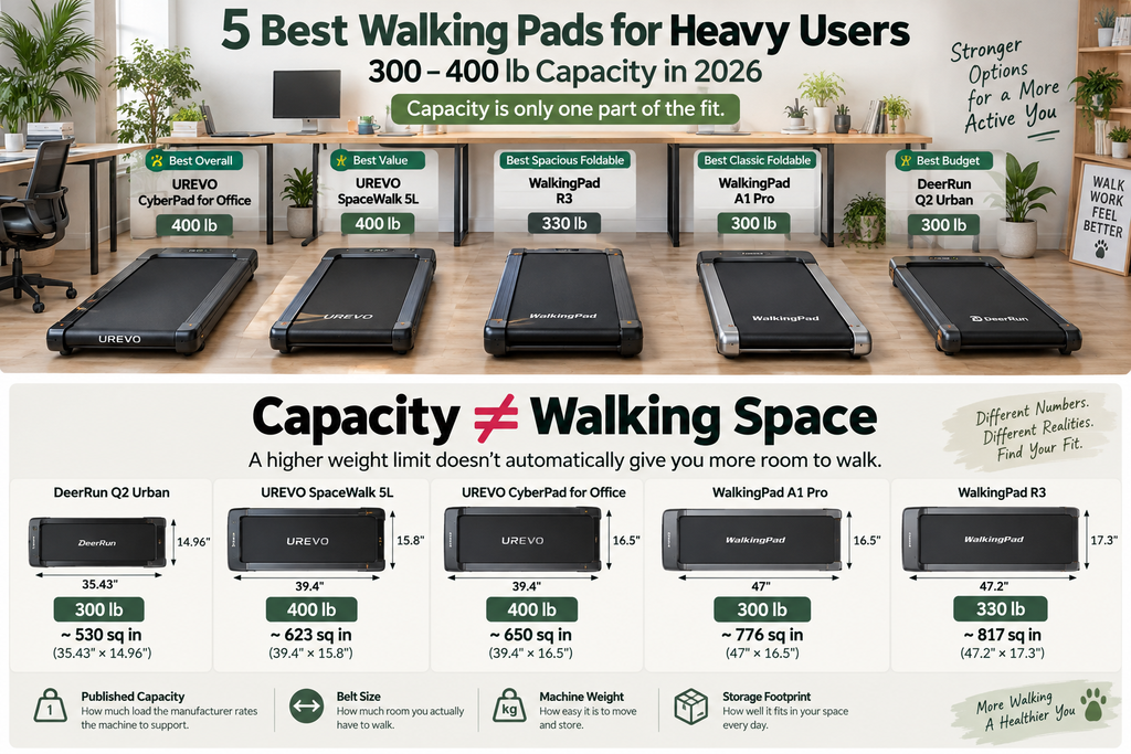 Walking pad weight capacity compared with walking belt size and usable walking area