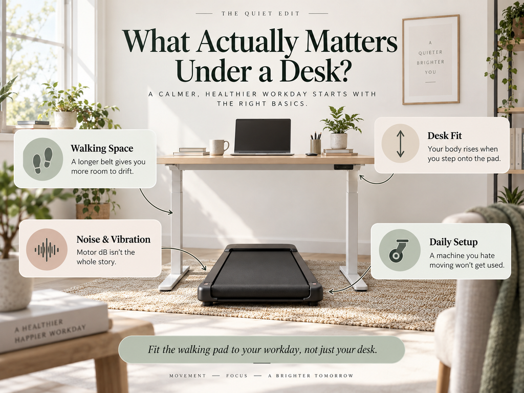 Key factors for choosing an under-desk walking pad: walking space, desk fit, noise, and daily setup