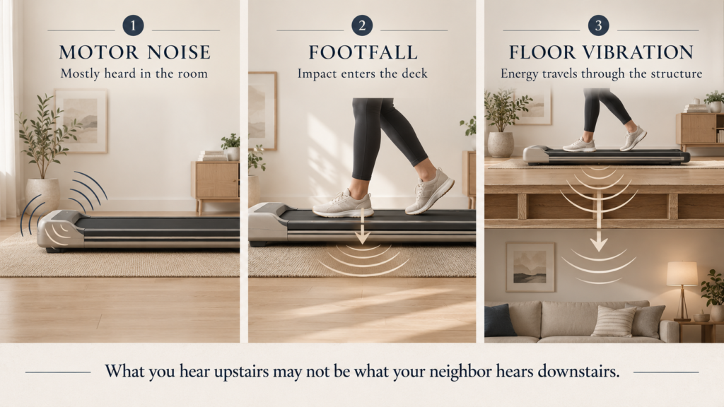 Walking pad in an upstairs apartment with vibration traveling toward the room below